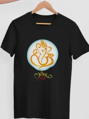 Ganesh Chaturthi T-Shirt, Lord Ganesha Printed Tee, Spiritual Festival T-Shirt India, #aahik.shop, #HindiGraphicTee, #HindiGraphicTShirt, #MadeInIndiaTee, #NearMeKolkata, #NearMeMumbai, divine black cotton tee, festive wear aahik.shop, ganesh chaturthi t-shirt, ganesh typography t-shirt, ganpati t-shirt india, hindu religious t-shirt, lord ganesha printed tee, spiritual festival wear, unisex ganesh design