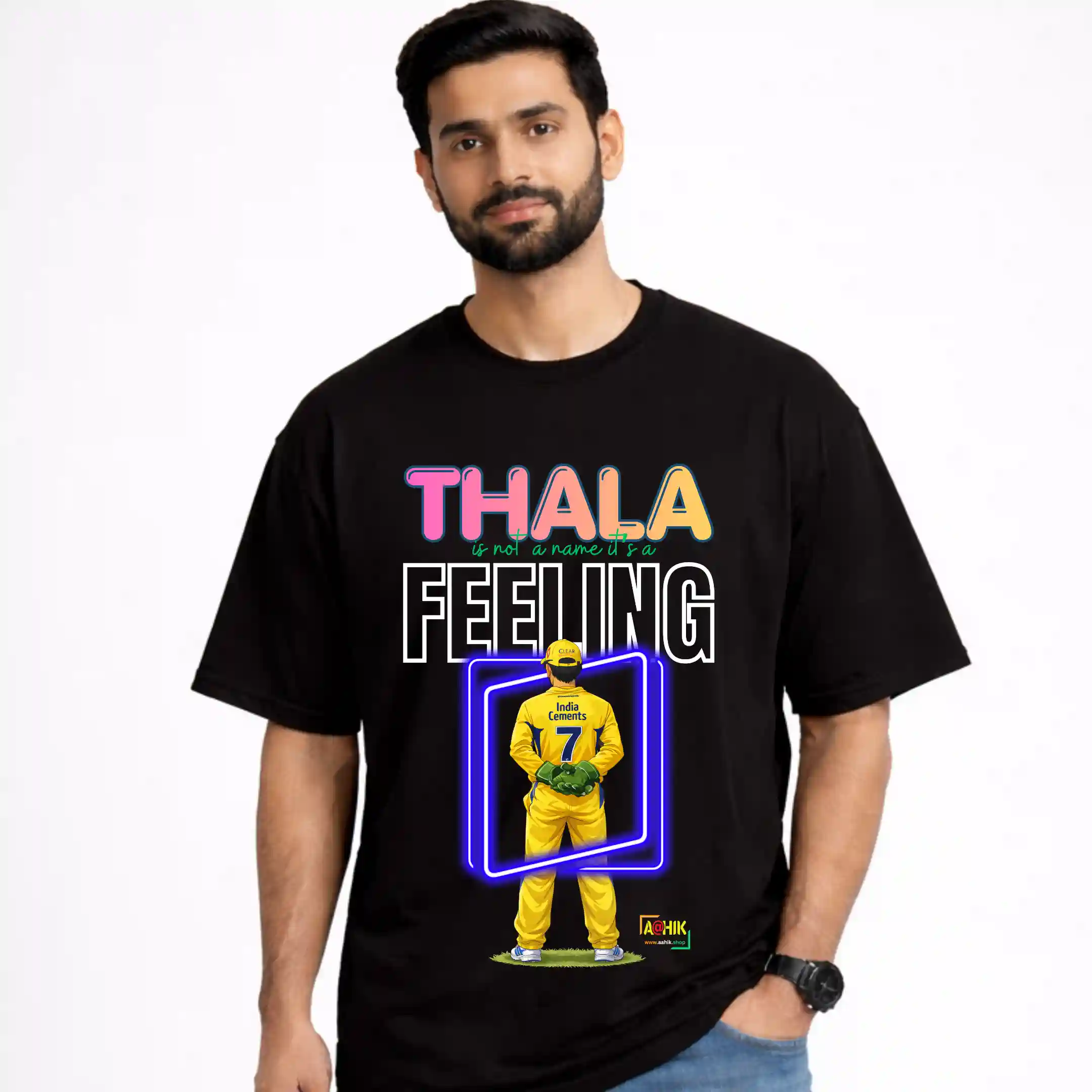aahik.shop, aahik, CSK t-shirt, MS Dhoni t-shirt, Thala t-shirt, IPL t-shirt, cricket fan t-shirt, Chennai Super Kings merch, Dhoni number 7 tee, oversized cricket t-shirt, sports graphic tee, Indian cricket t-shirt