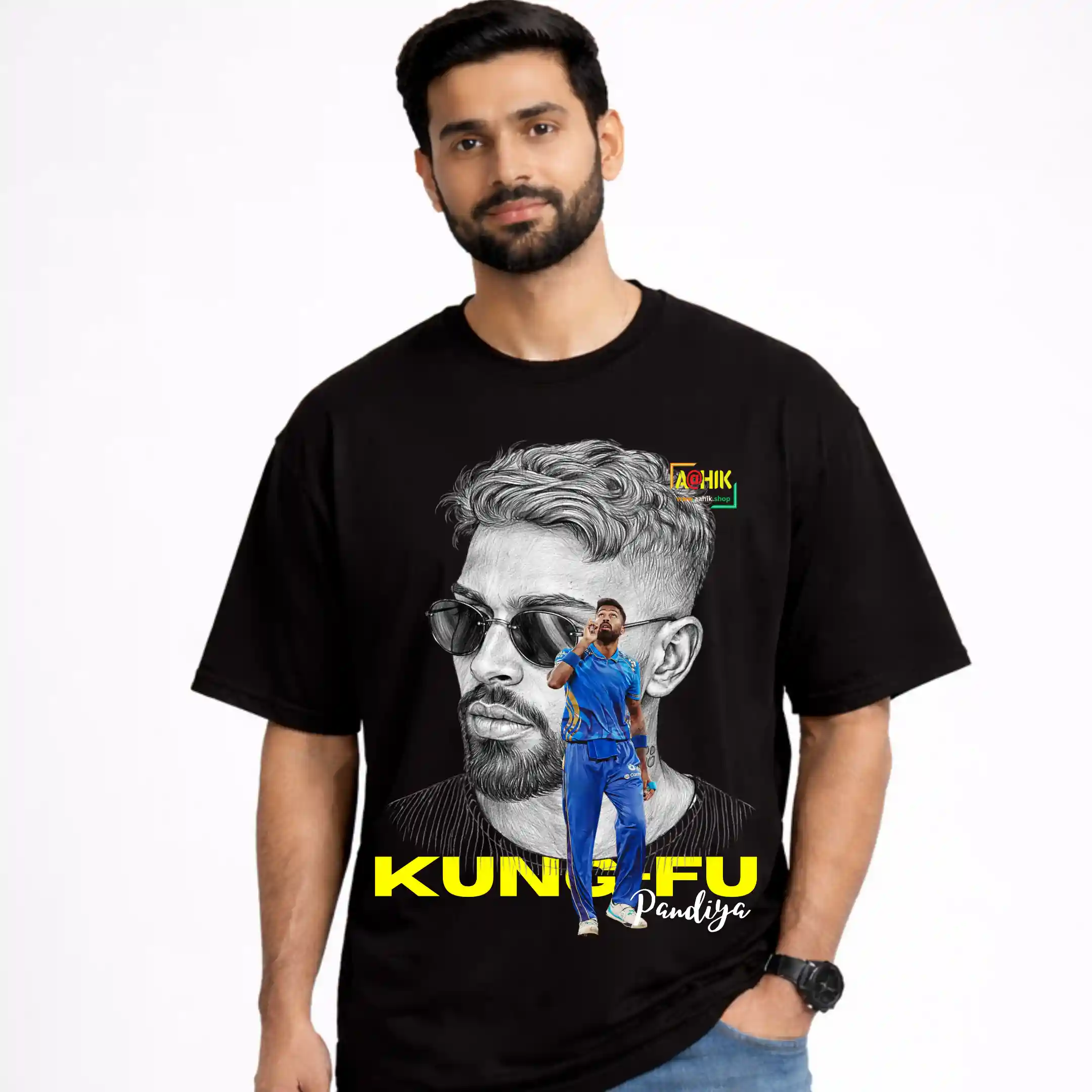 aahik.shop, aahik, Hardik Pandya t-shirt, Kung Fu Pandiya, oversized t-shirt, cricket fan t-shirt, sports graphic tee, Indian cricket merch, men oversized tee, unisex t-shirt, streetwear India, celebrity print t-shirt