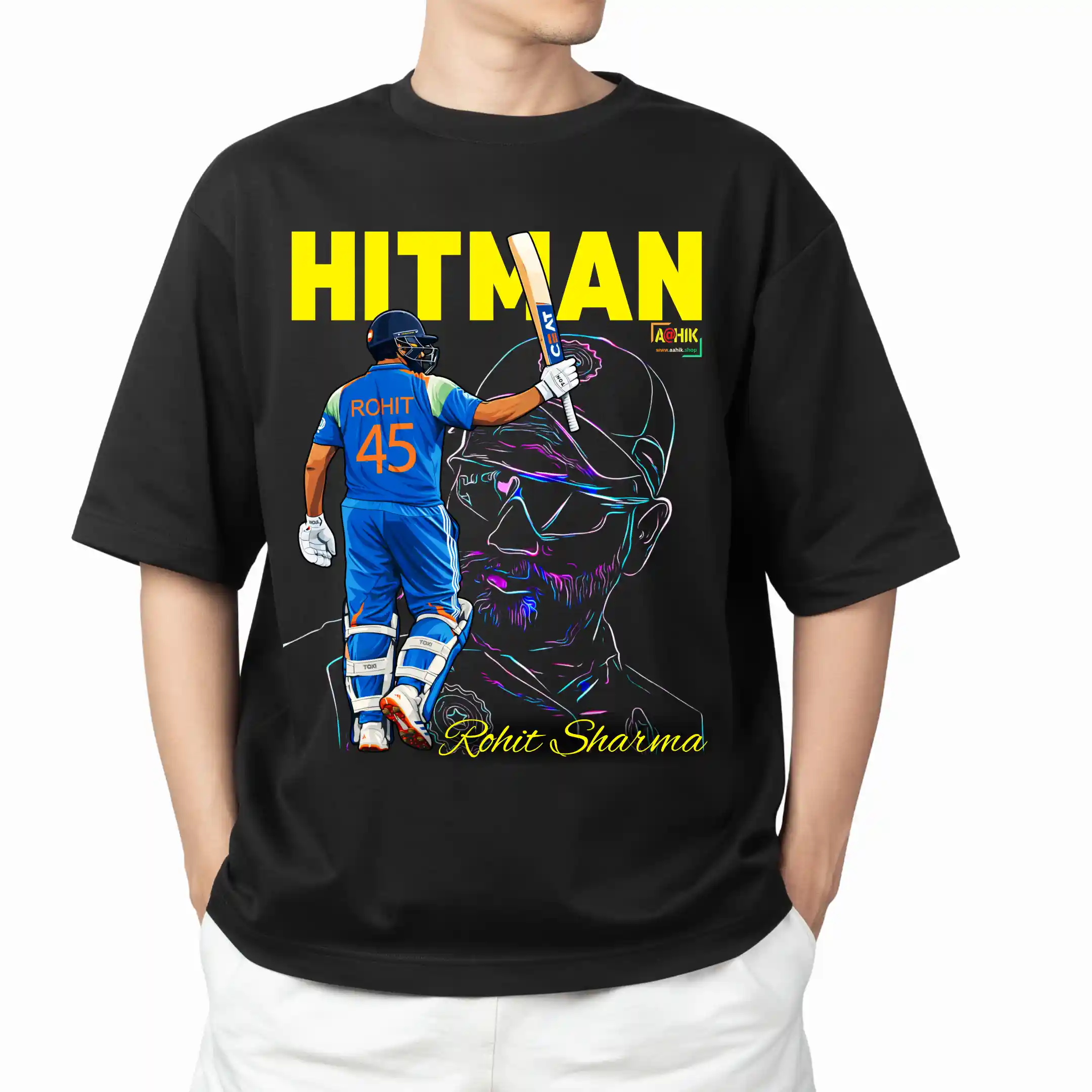 aahik.shop, aahik, Rohit Sharma t-shirt, Hitman t-shirt, oversized cricket t-shirt, cricket fan t-shirt India, Rohit Sharma graphic tee, men oversized t-shirt, unisex sports tee, Indian cricket apparel, streetwear t-shirt India