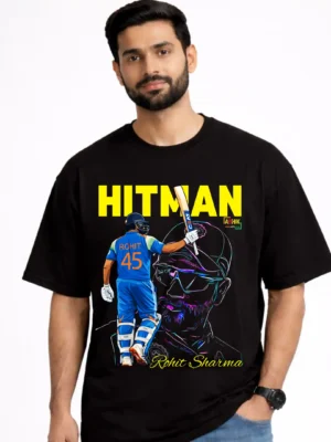 Rohit Sharma Oversized T-Shirt – HITMAN Cricket Graphic Tee for True Fans | Model aahik.shop, aahik, Rohit Sharma t-shirt, Hitman t-shirt, oversized cricket t-shirt, cricket fan t-shirt India, Rohit Sharma graphic tee, men oversized t-shirt, unisex sports tee, Indian cricket apparel, streetwear t-shirt India