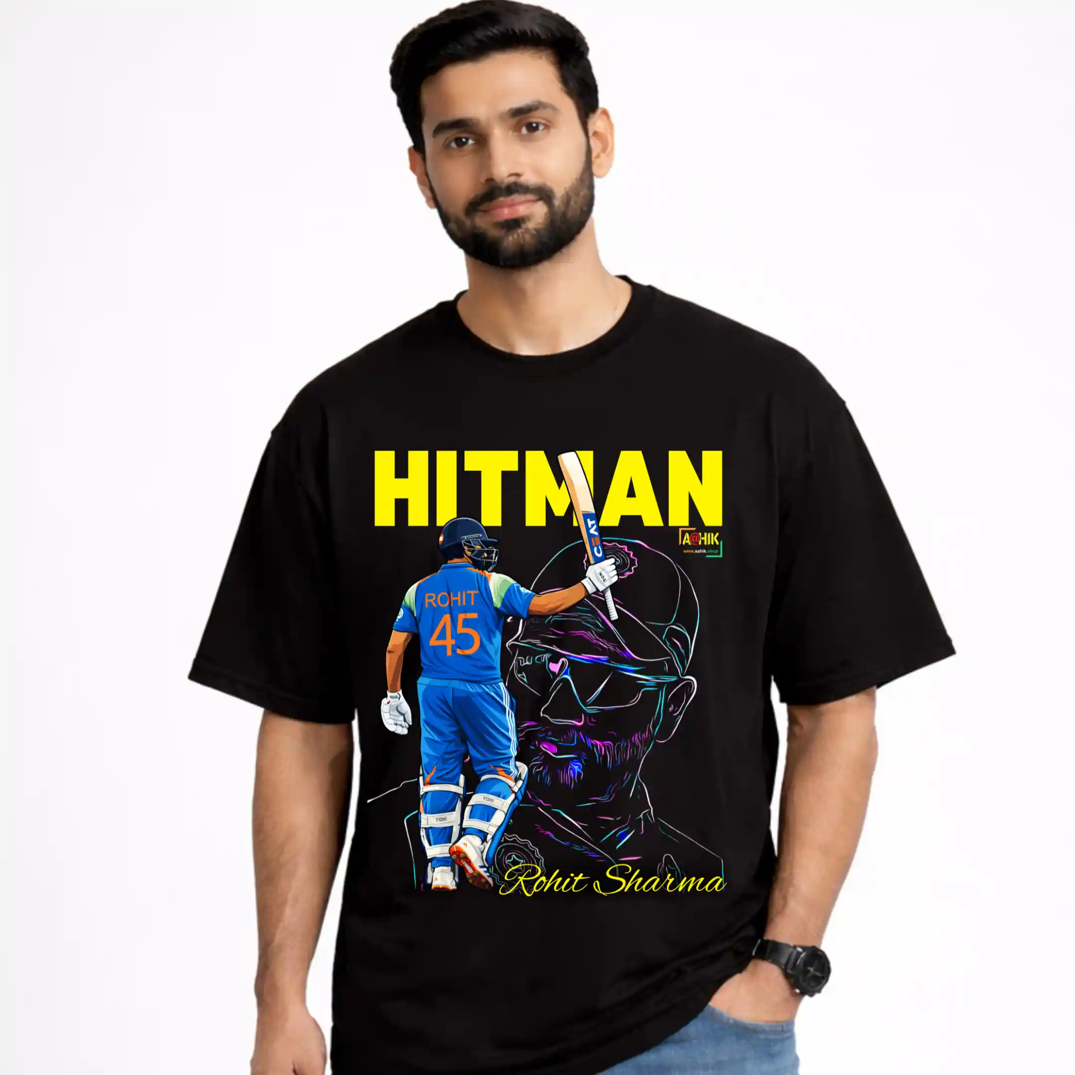 aahik.shop, aahik, Rohit Sharma t-shirt, Hitman t-shirt, oversized cricket t-shirt, cricket fan t-shirt India, Rohit Sharma graphic tee, men oversized t-shirt, unisex sports tee, Indian cricket apparel, streetwear t-shirt India