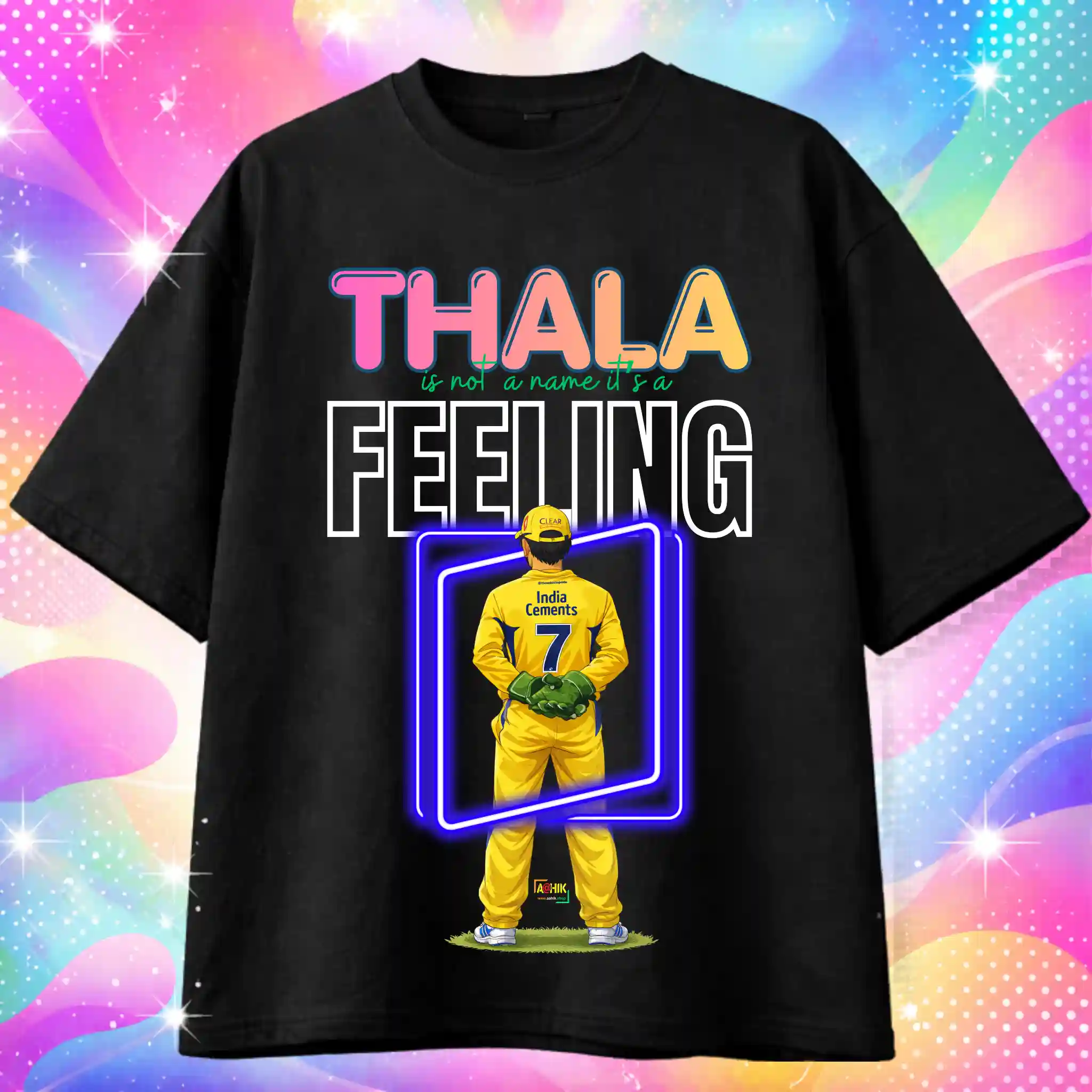 aahik.shop, aahik, CSK t-shirt, MS Dhoni t-shirt, Thala t-shirt, IPL t-shirt, cricket fan t-shirt, Chennai Super Kings merch, Dhoni number 7 tee, oversized cricket t-shirt, sports graphic tee, Indian cricket t-shirt