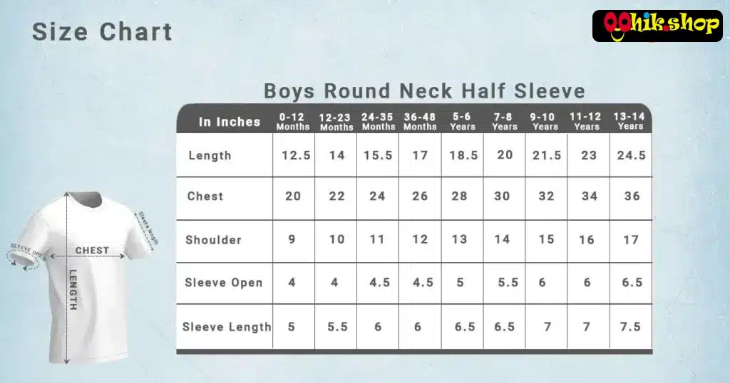 Boy's Classic Round Neck Crew Neck T-Shirt Size Chart