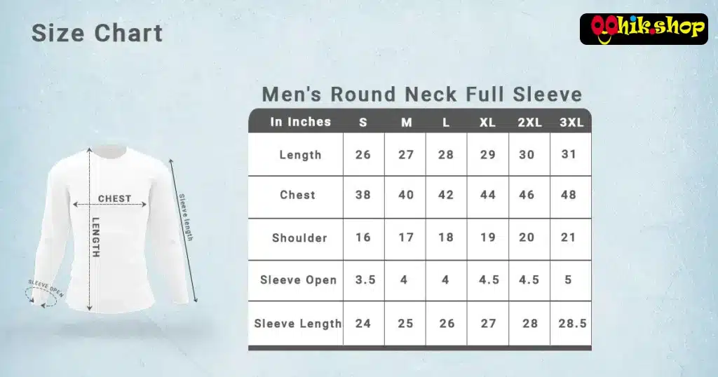 Full Sleeve T-Shirt Size Chart